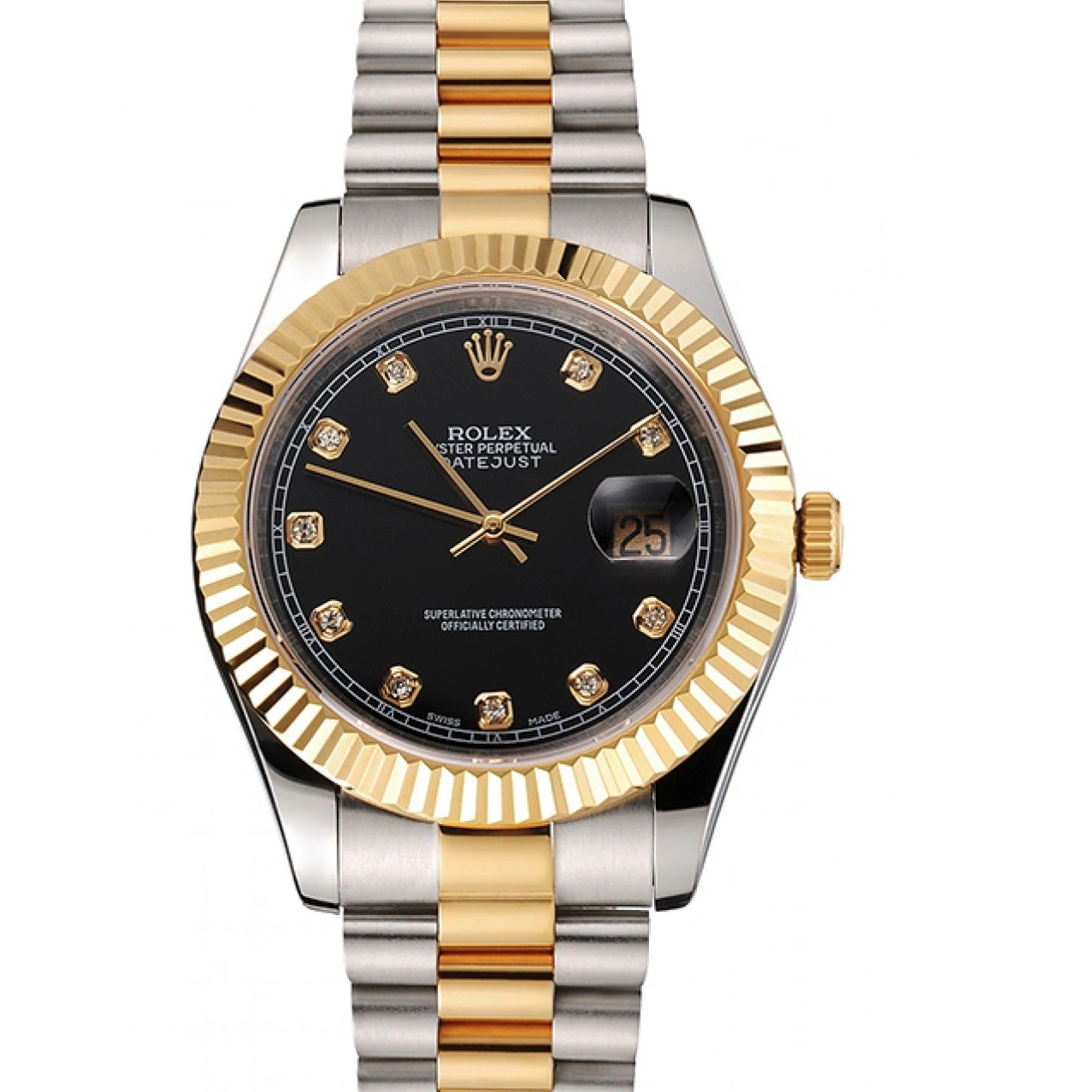 AAA Replica Watches Case Tone Swiss Gold Dial Bezel Two Bracelet Datejust Black Rolex Steel Stainless 1029